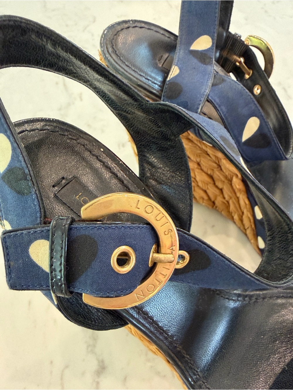 Louis Vuitton Navy Polka Dot Raffia Espadrille Wedge Sandals - Picture 2 of 9